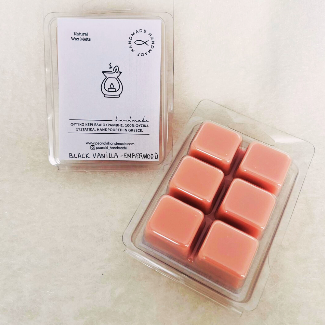 Χειροποίητη μικρή μπάρα wax melts με άρωμα black vanilla και emberwood.